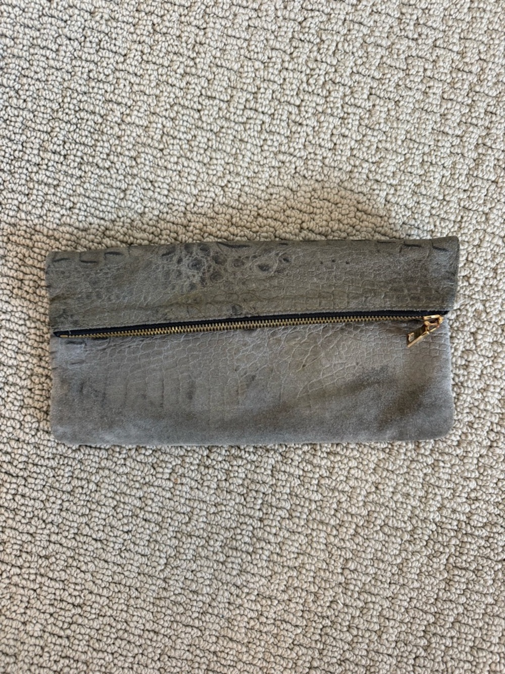 Gray Suede Fold-Over Clutch with Zip Accent